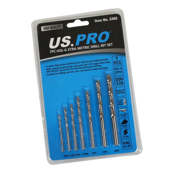 US Pro 7pc HSS-G XTRA Metric Drill Bit Set 2.0, 2.5, 3.0, 3.5, 4.0, 5.0 6.0mm