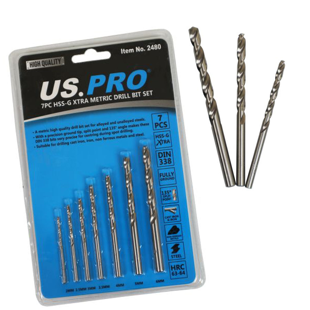 US Pro 7pc HSS-G XTRA Metric Drill Bit Set 2.0, 2.5, 3.0, 3.5, 4.0, 5.0 6.0mm