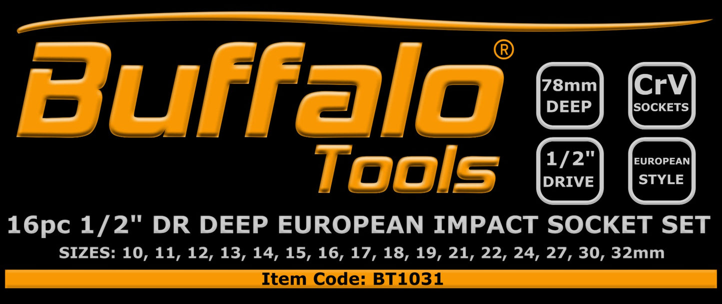 Buffalo Tools Impact Socket Set Deep 16pc 1/2 inch Metric 10mm to 32mm 6 point European Style