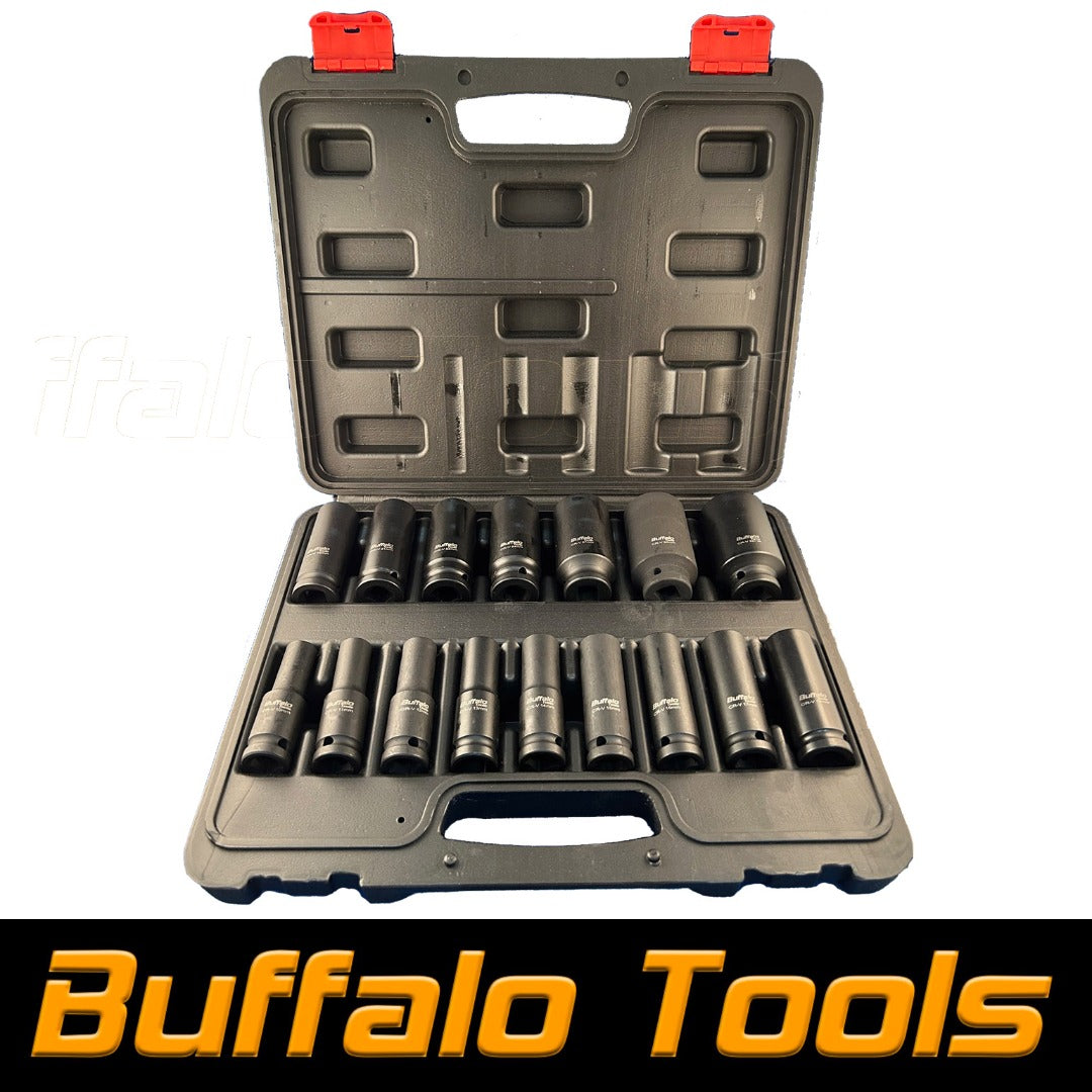 Buffalo Tools Impact Socket Set Deep 16pc 1/2 inch Metric 10mm to 32mm 6 point European Style