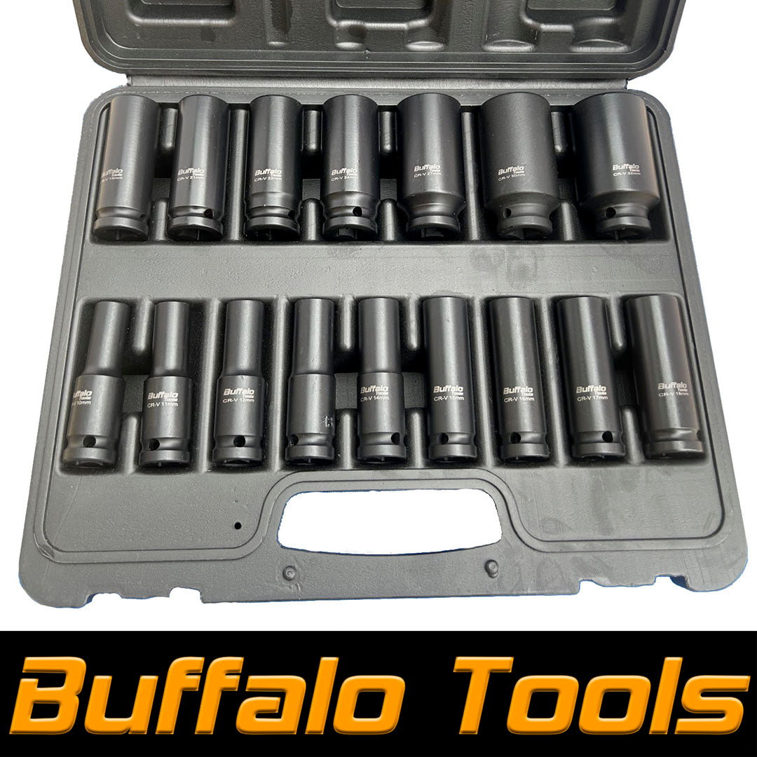 Buffalo Tools Impact Socket Set Deep 16pc 1/2 inch Metric 10mm to 32mm 6 point European Style