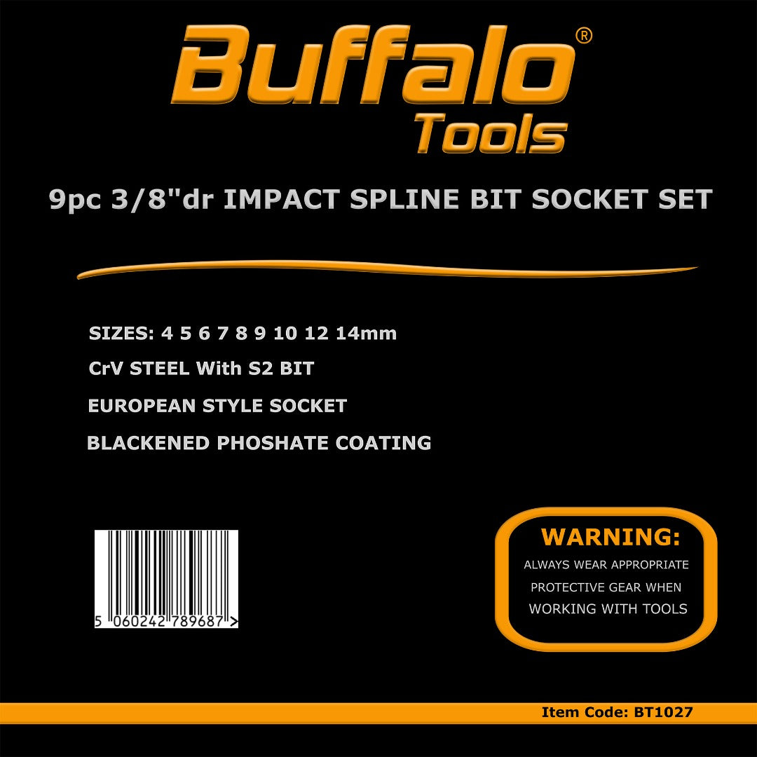 Buffalo Tools 9pcs 3/8 inch Spline Impact Socket Bit Set M4-M14, Durable Vanadium Steel, Rust Resistant Finish, 4mm-14mm Tool Set with Storage Tray