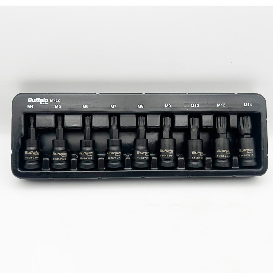 Buffalo Tools 9pcs 3/8 inch Spline Impact Socket Bit Set M4-M14, Durable Vanadium Steel, Rust Resistant Finish, 4mm-14mm Tool Set with Storage Tray