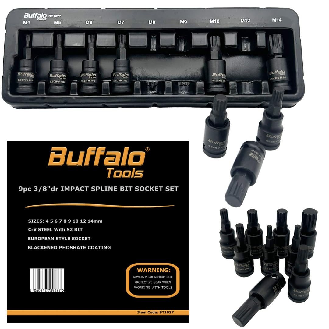 Buffalo Tools 9pcs 3/8 inch Spline Impact Socket Bit Set M4-M14, Durable Vanadium Steel, Rust Resistant Finish, 4mm-14mm Tool Set with Storage Tray