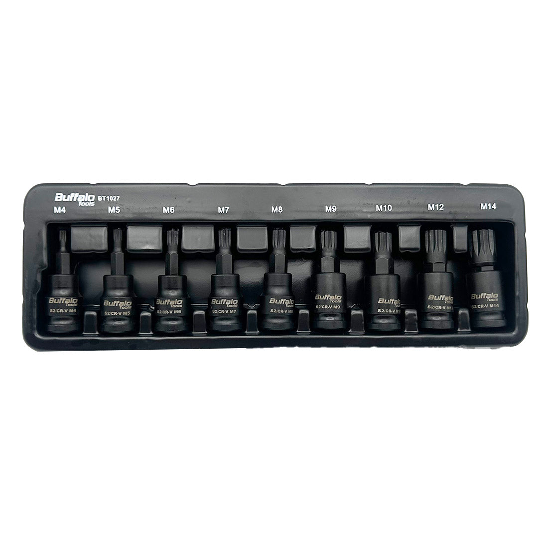 Buffalo Tools 9pcs 3/8 inch Spline Impact Socket Bit Set M4-M14, Durable Vanadium Steel, Rust Resistant Finish, 4mm-14mm Tool Set with Storage Tray