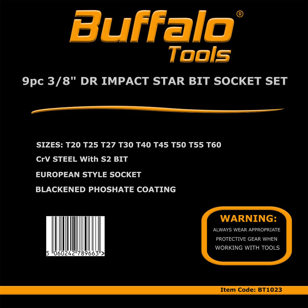 Buffalo Tools 11pcs 3/8 inch Torx Star Impact Socket Bit Set T10-T60, Durable Chrome Vanadium Steel, Rust Resistant TRX-Star Tool Set with Storage Tray