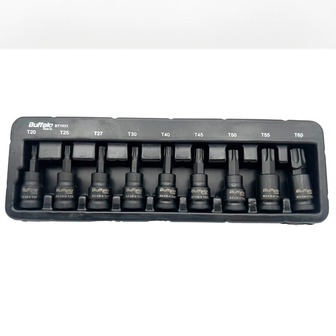 Buffalo Tools 11pcs 3/8 inch Torx Star Impact Socket Bit Set T10-T60, Durable Chrome Vanadium Steel, Rust Resistant TRX-Star Tool Set with Storage Tray