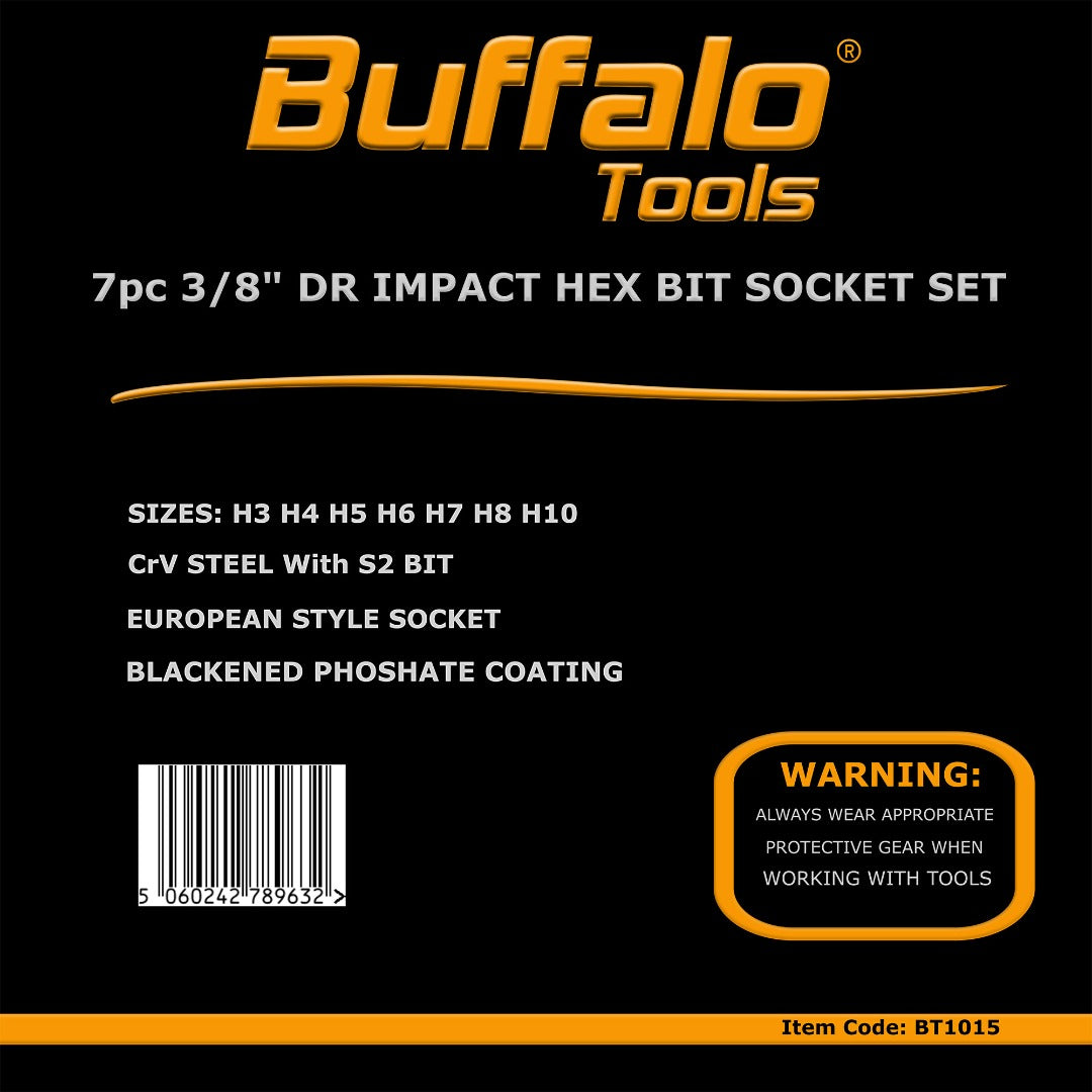 Buffalo Tools 7pcs 3/8 inch Hex Impact Socket Bit Set H3-H10 Allen Key, Durable Vanadium Steel, Rust Resistant Finish, 2mm-10mm Tool Set with Storage Tray