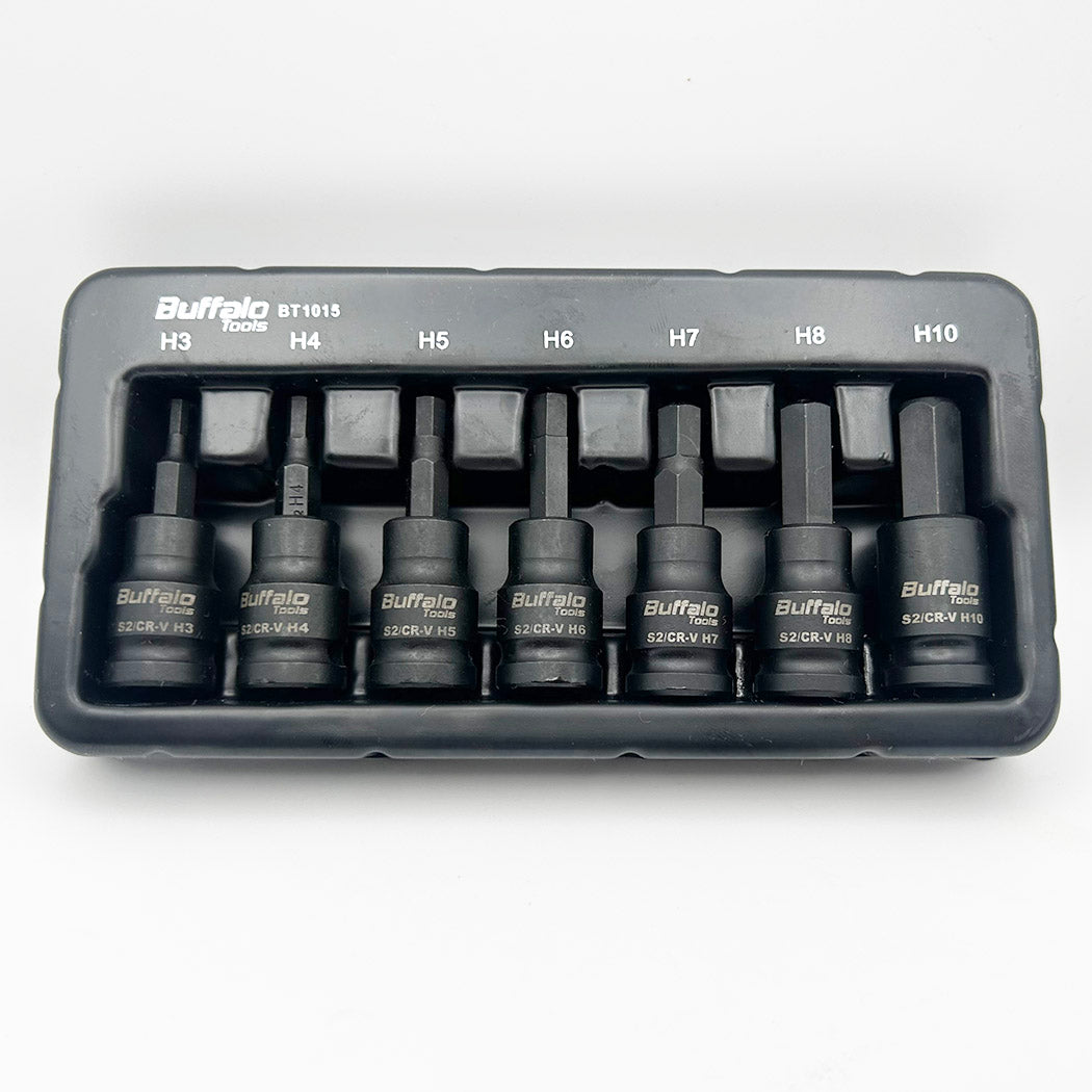 Buffalo Tools 7pcs 3/8 inch Hex Impact Socket Bit Set H3-H10 Allen Key, Durable Vanadium Steel, Rust Resistant Finish, 2mm-10mm Tool Set with Storage Tray