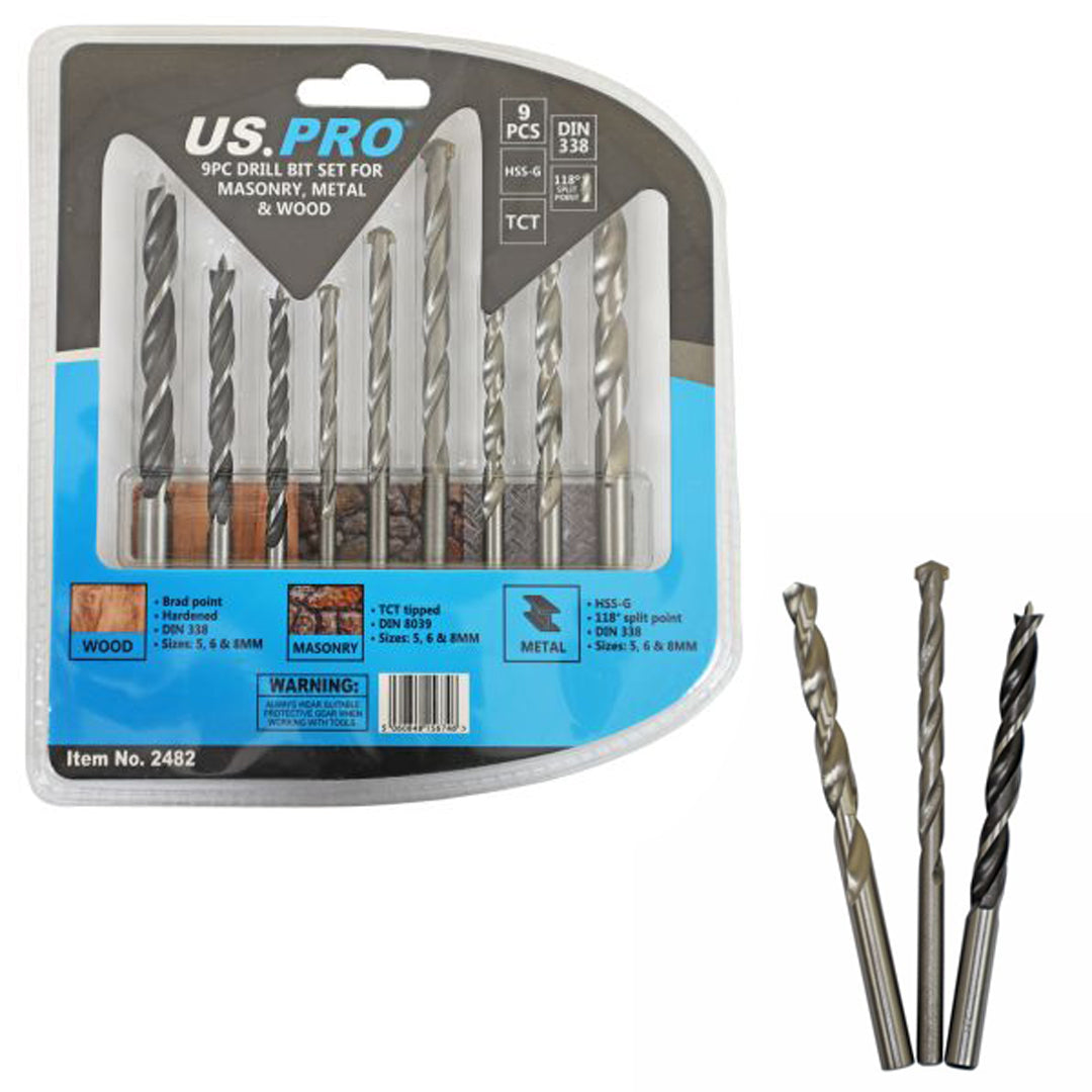 US PRO 9PC DRILL BIT SET FOR MASONRY, METAL AND WOOD