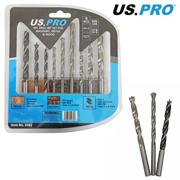 US PRO 9PC DRILL BIT SET FOR MASONRY, METAL AND WOOD