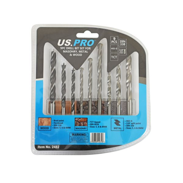 US PRO 9PC DRILL BIT SET FOR MASONRY, METAL AND WOOD