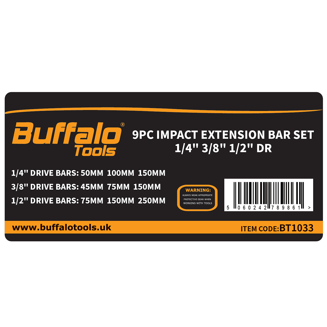 Buffalo Tools 9pc Impact Extension Bars Set 1/2'' 3/8'' 1/4'' 45mm to 250mm for Sockets