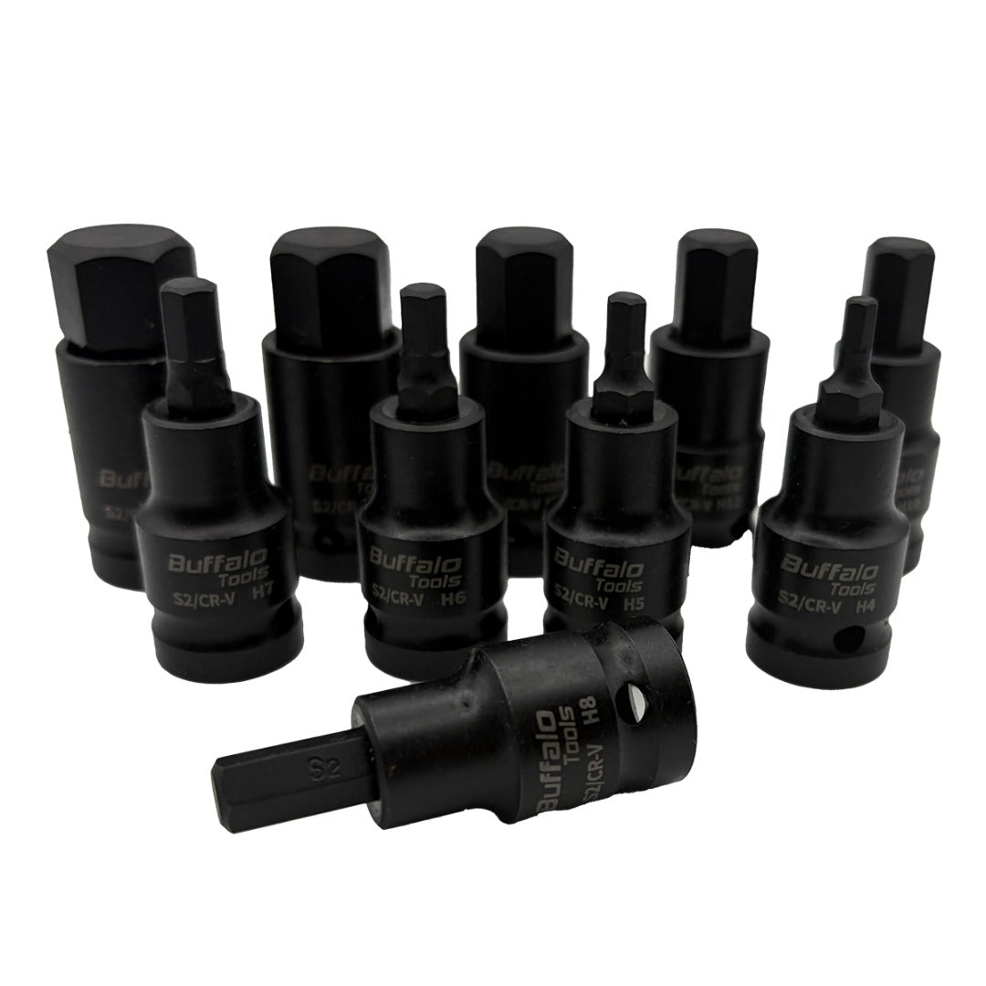 Buffalo Tools 10pc Impact HEX BIT Socket Set 1/2'' Drive 4mm to 19mm Allen Key in Metal Case