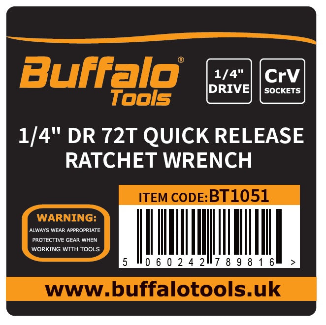 Buffalo Tools 1/4 Drive Quick Release Ratchet Reversible Straight 72t Socket Wrench