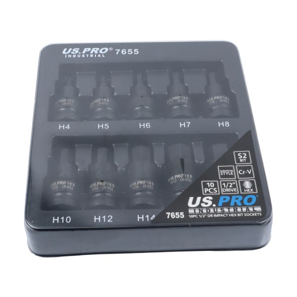 US Pro Industrial 10pc Impact Hex Bit Socket Set 1/2'' Drive 4mm to 19mm