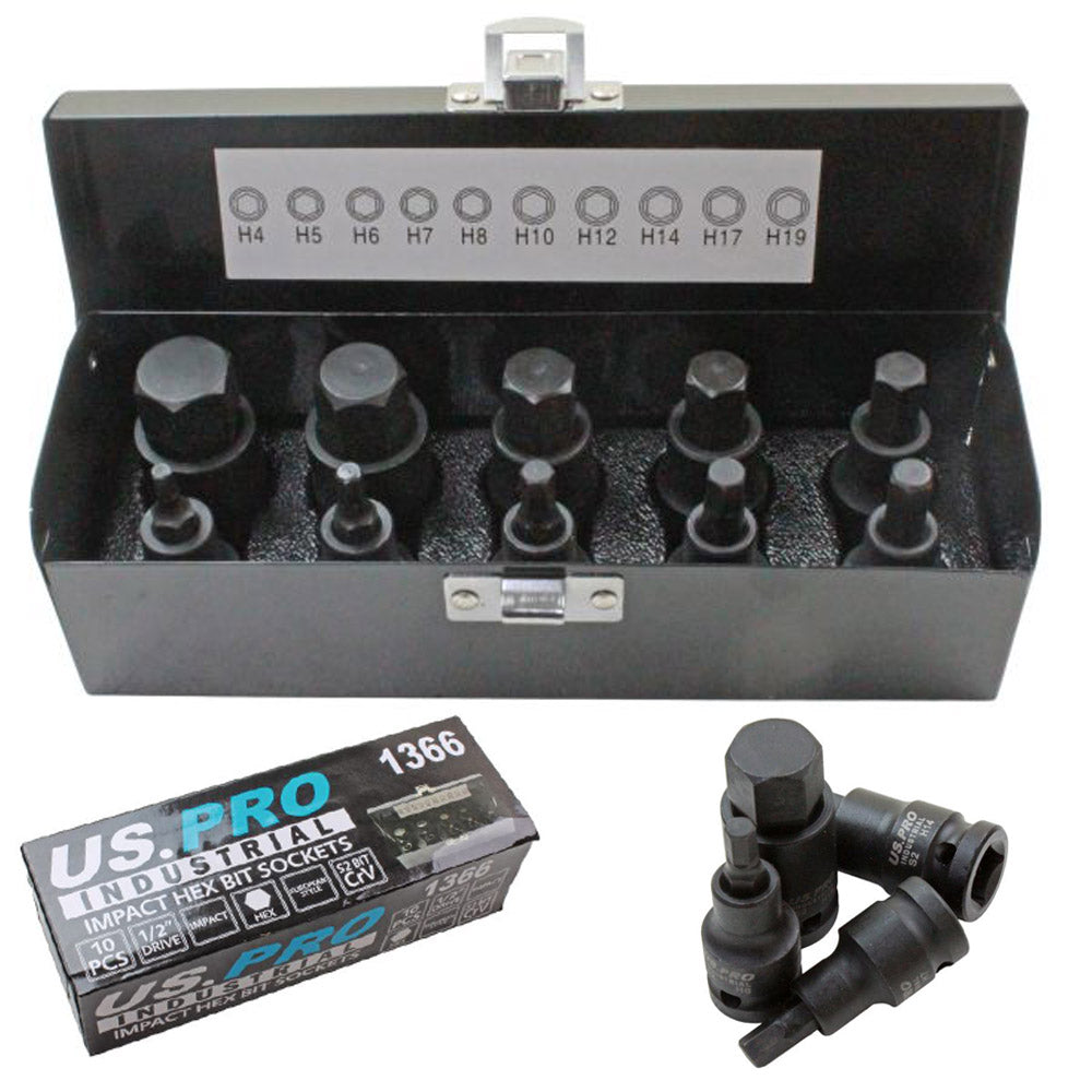 US PRO 10pc IMPACT HEX BIT SOCKET SET 1/2'' Drive 4mm to 19mm allen key B1366