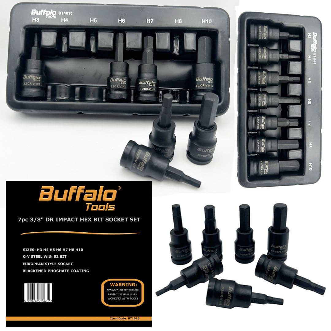 Buffalo Tools 7pcs 3/8 inch Hex Impact Socket Bit Set H3-H10 Allen Key, Durable Vanadium Steel, Rust Resistant Finish, 2mm-10mm Tool Set with Storage Tray