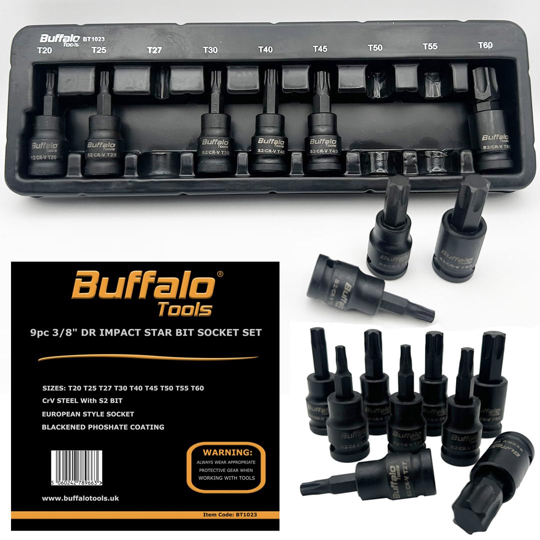 Buffalo Tools 11pcs 3/8 inch Torx Star Impact Socket Bit Set T10-T60, Durable Chrome Vanadium Steel, Rust Resistant TRX-Star Tool Set with Storage Tray