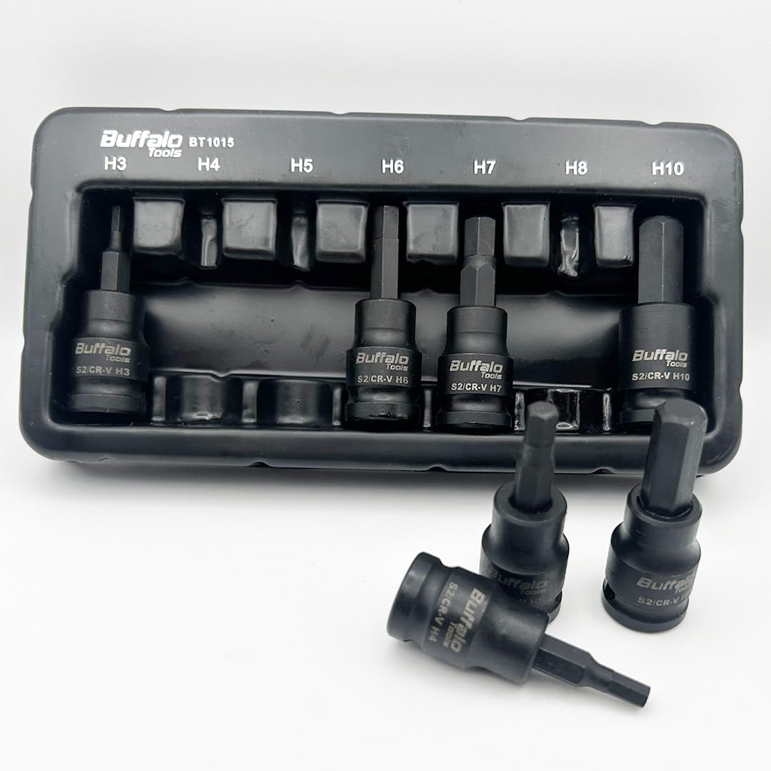Buffalo Tools 7pcs 3/8 inch Hex Impact Socket Bit Set H3-H10 Allen Key, Durable Vanadium Steel, Rust Resistant Finish, 2mm-10mm Tool Set with Storage Tray