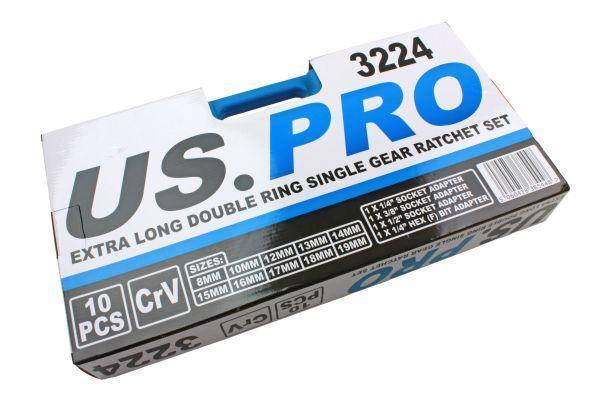 US PRO 10pc Extra Long Double Ring Single Gear Ratchet Spanner Wrench Set B3224