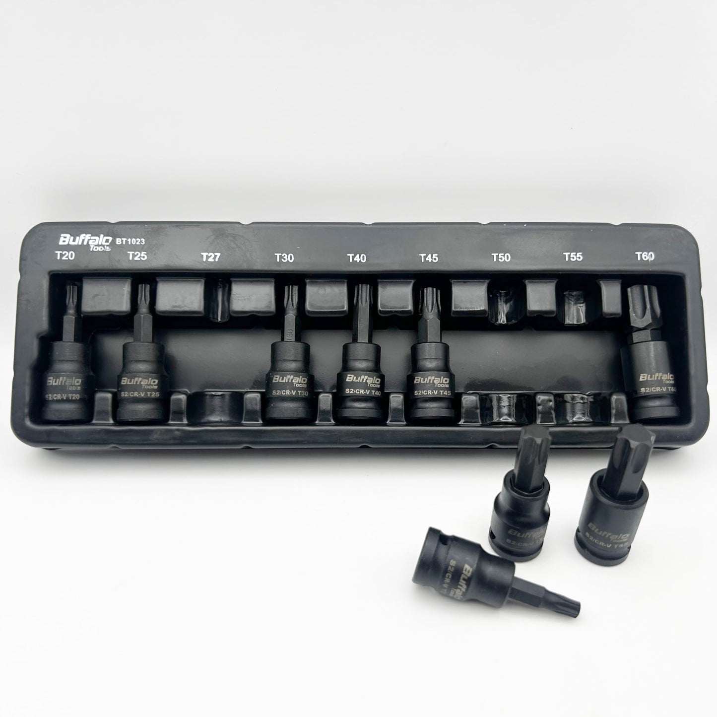 Buffalo Tools 11pcs 3/8 inch Torx Star Impact Socket Bit Set T10-T60, Durable Chrome Vanadium Steel, Rust Resistant TRX-Star Tool Set with Storage Tray