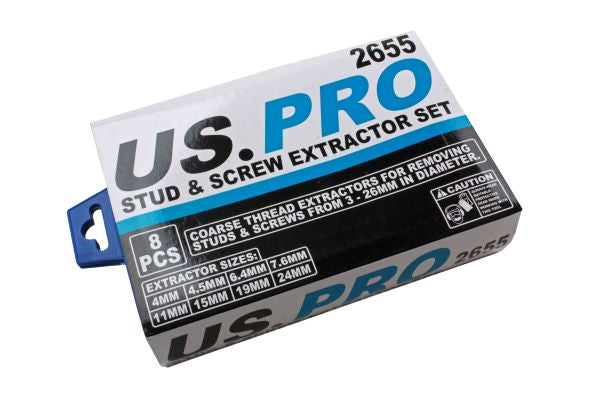 US Pro Stud Screw Bolt Extractor Tool Set 8pc Remove Pull Damaged Broken Rusty Nuts