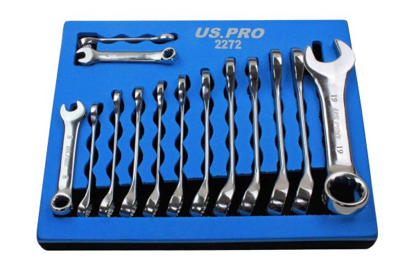 Stubby Spanner Set in Foam Tray 14 pc midget Combination Wrench Spanners 6-19mm