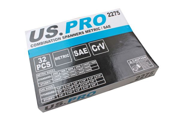 Combination Spanner Set in Foam Tray 32 pc Metric AF SAE Imperial standard & Stubby