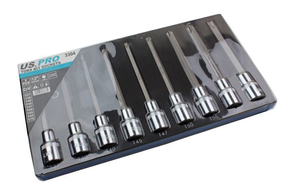 US Pro 1/2'' Dr 9 Piece 140mm Long Torx Star TRX Bit Sockets Set T27 - T70