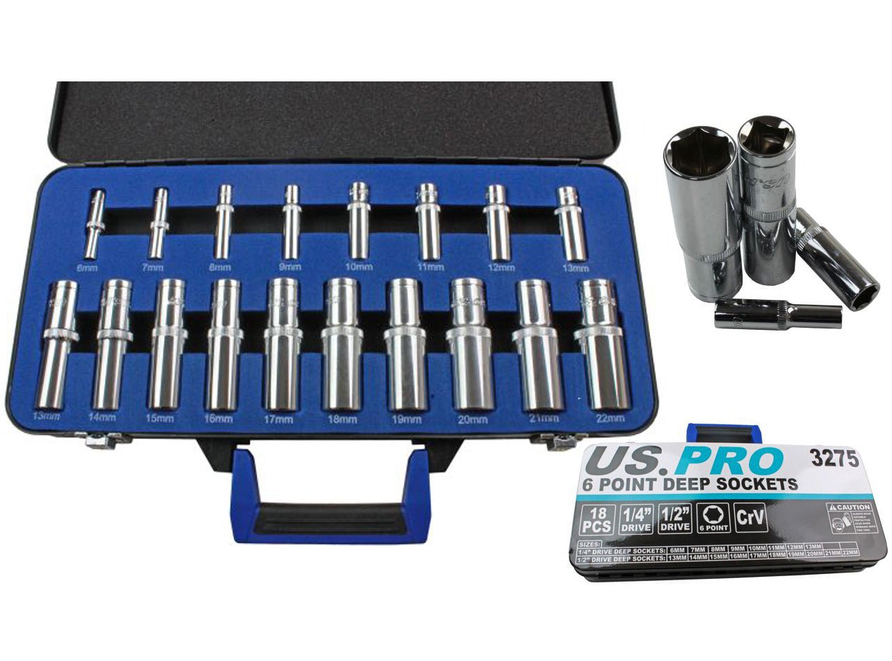 18pc 1/4'' & 1/2'' Dr Deep Socket Set 6 - 22mm 6 Point Metric US Pro in Case