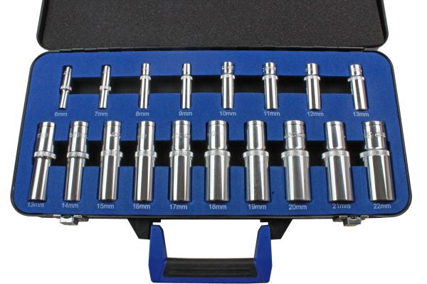 18pc 1/4'' & 1/2'' Dr Deep Socket Set 6 - 22mm 6 Point Metric US Pro in Case