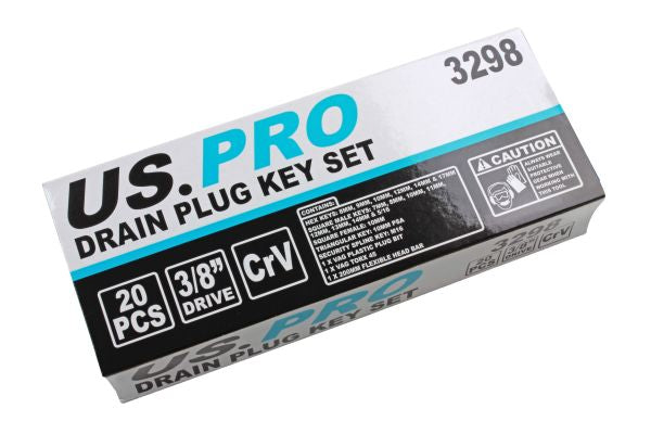 20pc 3/8 DR Drain Sump Plug Key Set, Keys Oil with Flexi Bar Square Hex Triangle