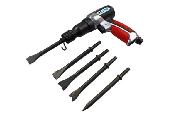 US Pro 190mm Air Hammer Chisel with Rubber Comfort Grip and 5 Chisels Ergonomic