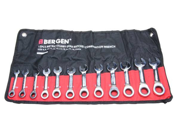BERGEN 12pc 72 Teeth Stubby Ratchet Combination Spanner Set 8-19mm Spanners