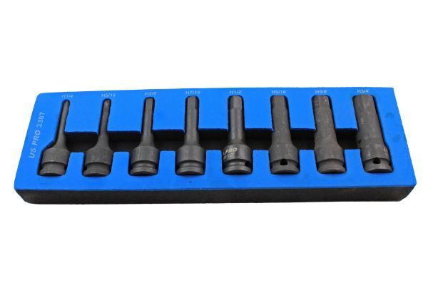 8pc 1/2'' Dr SAE Imperial AF Hex Allen Key Impact Bit Set 78mm 1/4 to 3/4 Foam