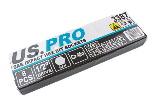 8pc 1/2'' Dr SAE Imperial AF Hex Allen Key Impact Bit Set 78mm 1/4 to 3/4 Foam