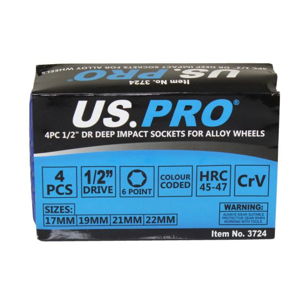 US PRO 4pc 1/2'' DR Alloy Wheel Impact Sockets 17, 19, 21, 22mm