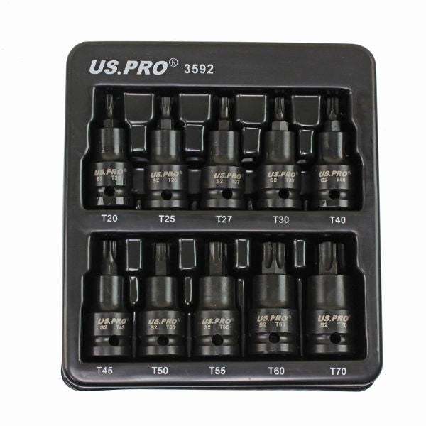 US Pro 10pc Impact Torx Socket Bit Set 1/2'' Drive T20 to T70 Star TRX
