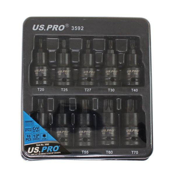 US Pro 10pc Impact Torx Socket Bit Set 1/2'' Drive T20 to T70 Star TRX