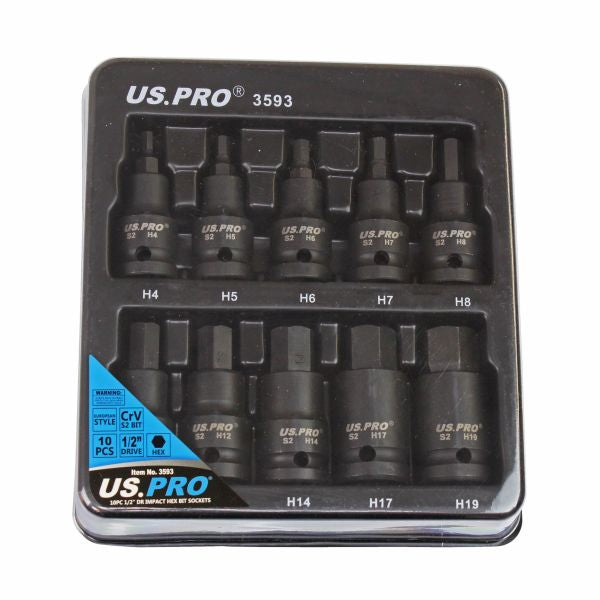 US Pro 10pc Impact Hex Socket Bit Set 1/2'' Drive 4mm to 19mm Allen Key Sockets
