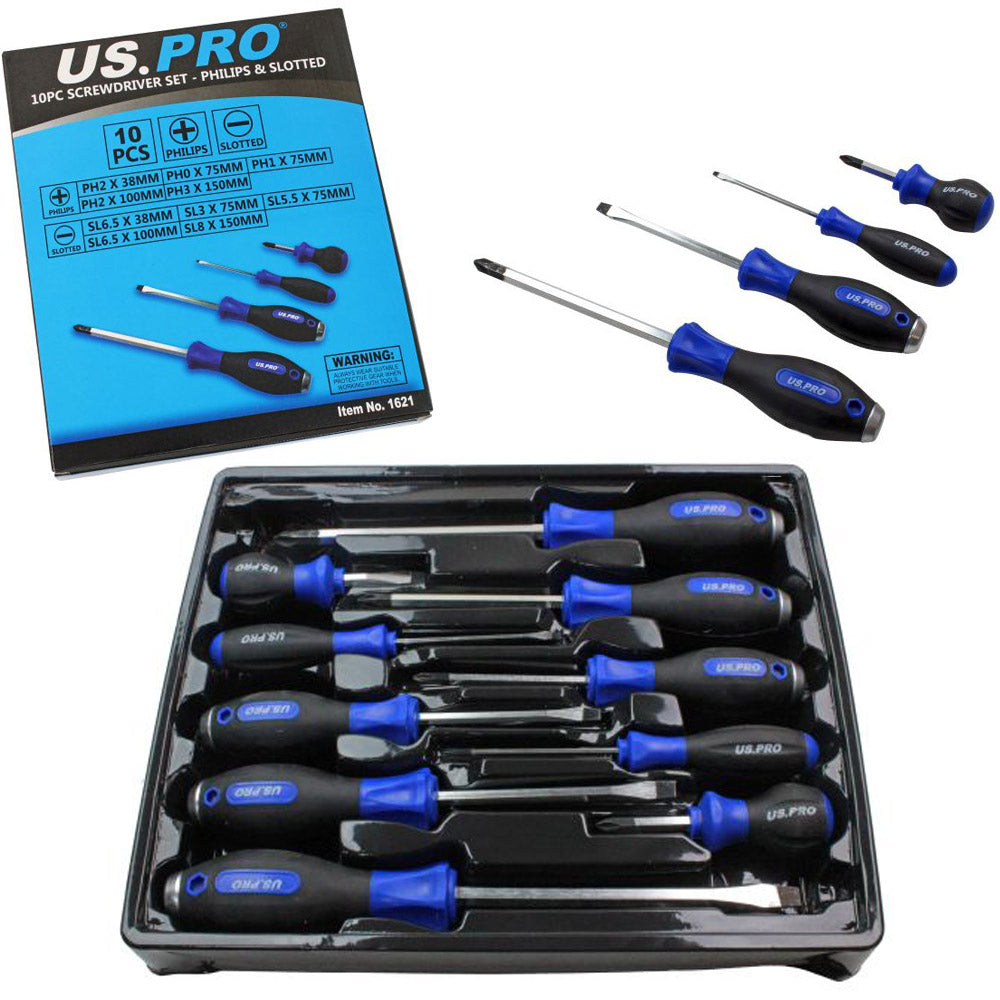 US Pro 10 Piece Screwdriver Set Phillips and Slotted Magnetic Tip flat cross