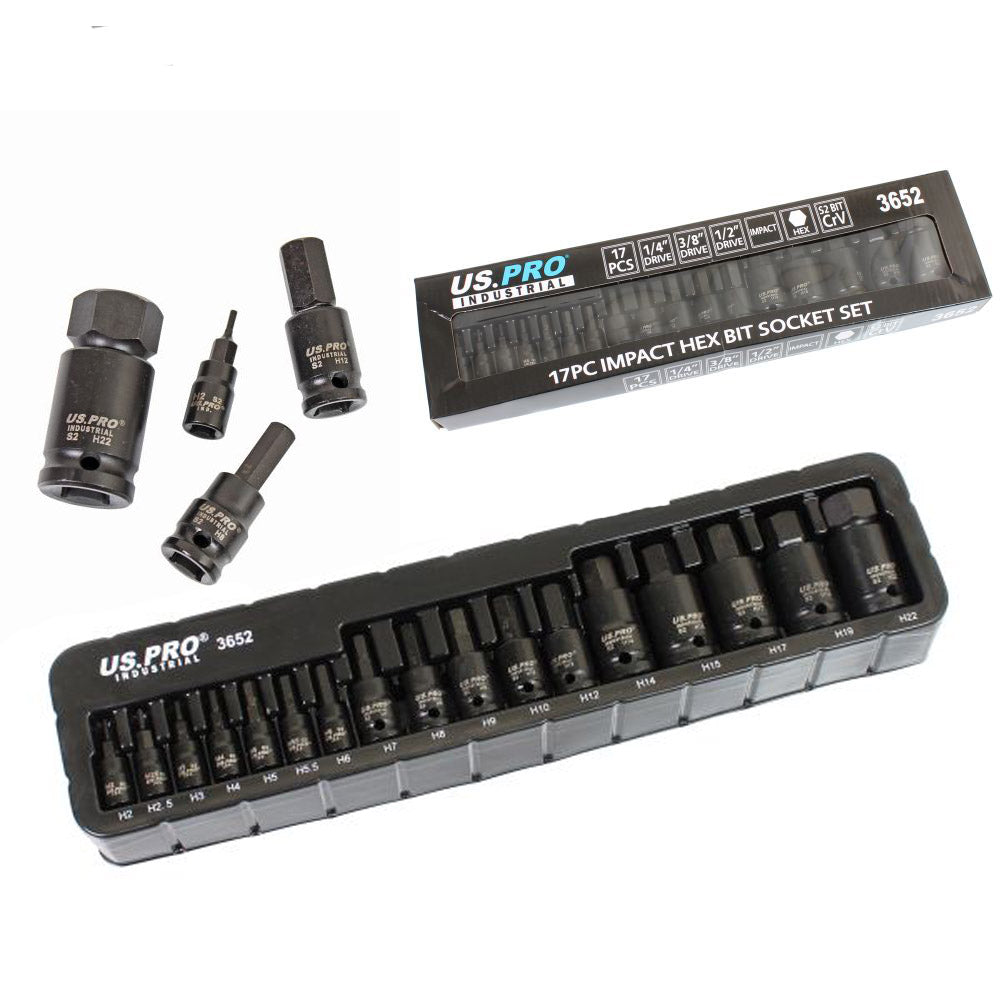 US PRO INDUSTRIAL 17pc IMPACT HEX Bit Socket Set Mixed Drive 2mm - 22mm