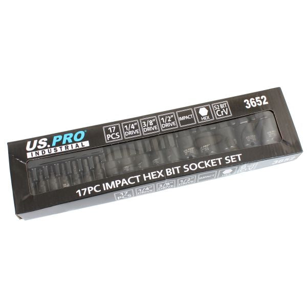 US PRO INDUSTRIAL 17pc IMPACT HEX Bit Socket Set Mixed Drive 2mm - 22mm