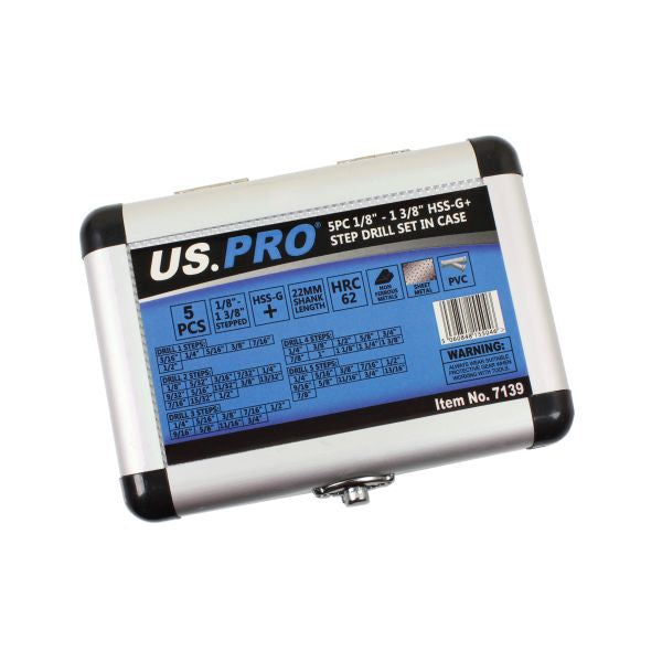 US Pro 5pc Step Drill Set In Case 3/8? - 1,3/8? 3 HSS-G Flats Shank
