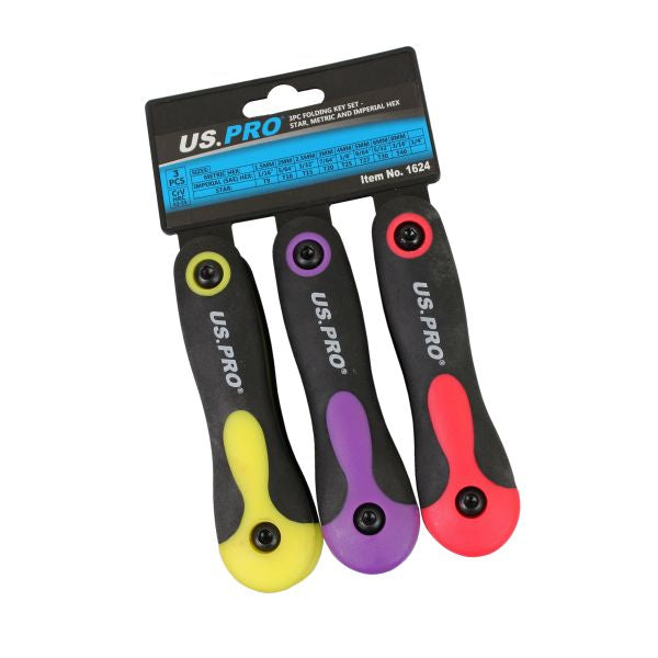 US Pro 3pc Folding Key Set Star Torx, Metric and Imperial Hex SAE Allen