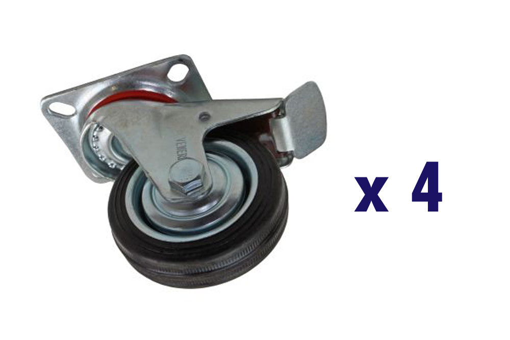 4 x Industrial 75mm Swivel Castors With Brake Rubber Wheel