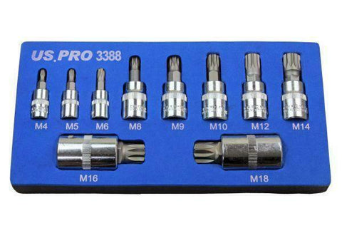 US PRO Tools 10pc Triple Square Spline Bit Sockets In Foam Tray M4-M18 B3388