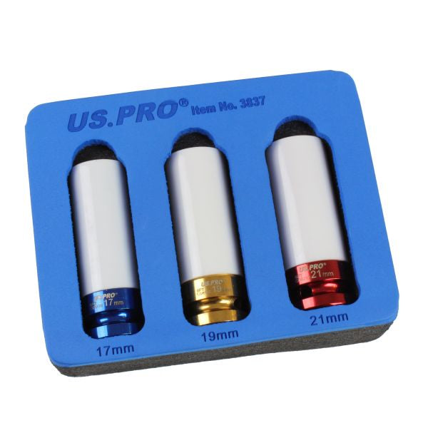 US PRO 3pc 1/2''dr deep IMPACT SOCKET SET Alloy Wheel Thin Wall 17 19 21mm B1319