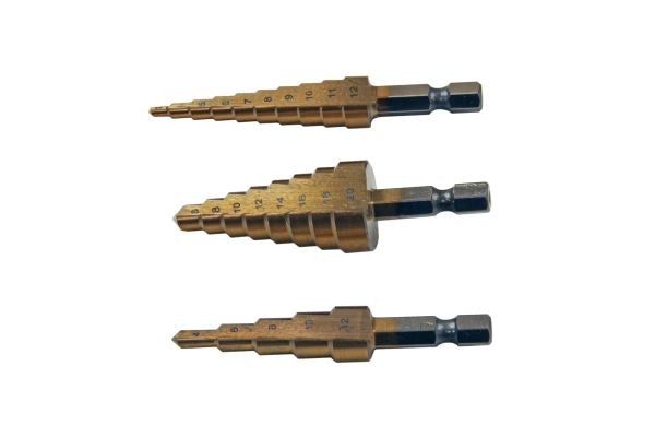 US PRO 3pc Titanium Coated HSS Step Drill Bit Set, Cone Drills B2603